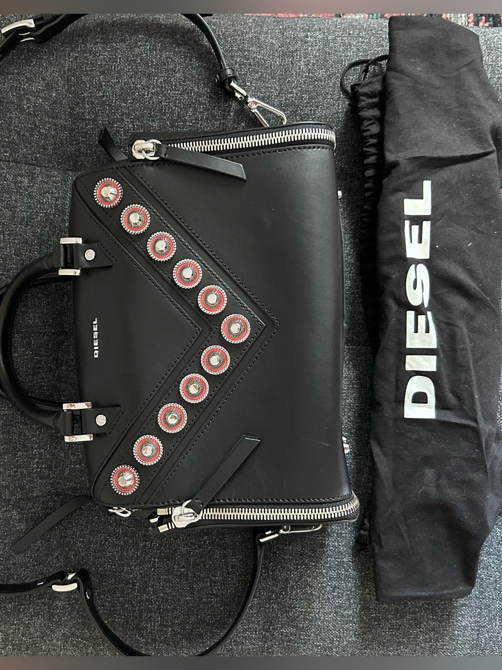 Diesel Black Leather Satchel with Red Grommet Accents in genuine leather - Picture 10 of 14